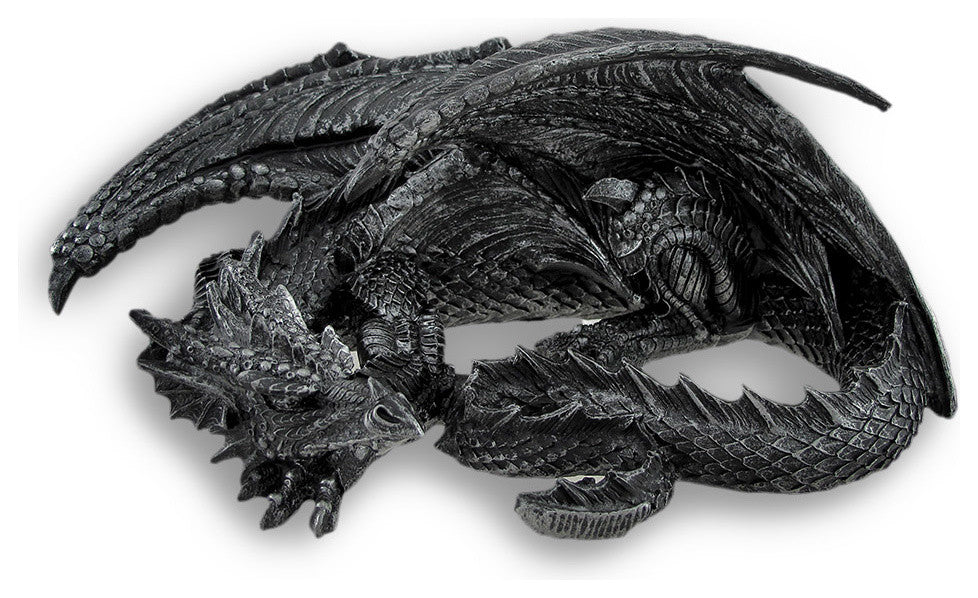 Somasaurus Metallic Black Gothic Sleeping Dragon Statue 12 in.