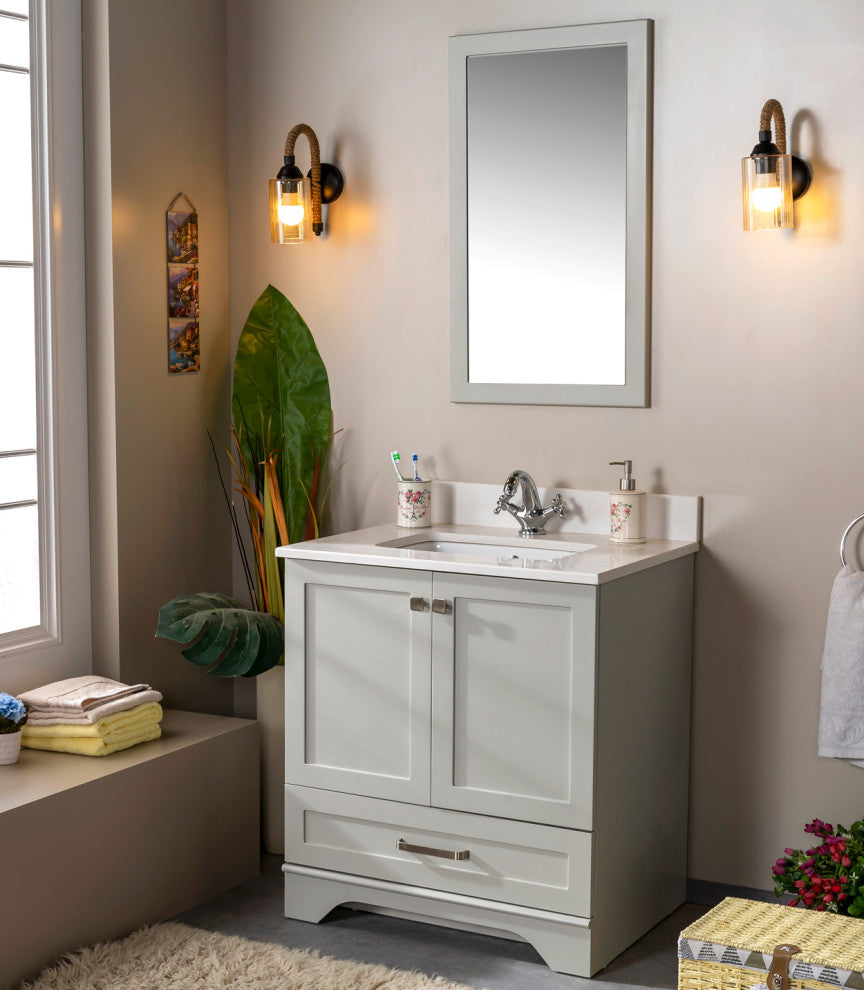 Livia Collection 30" Bath Vanity Quartz Top and Ceramic Sink, Grey, 30"