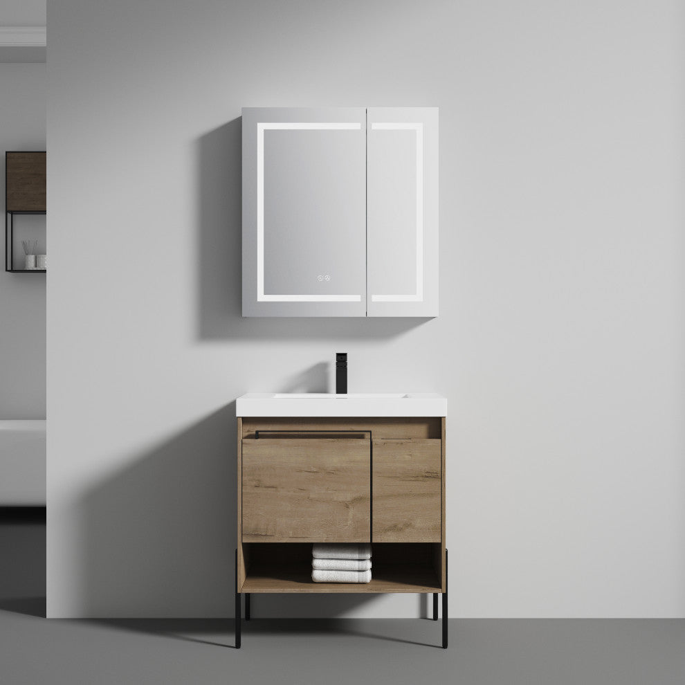 Freestanding Bathroom Vanity Set, Open Shelf, Classic Oak, 30'' With Acrylic Sink