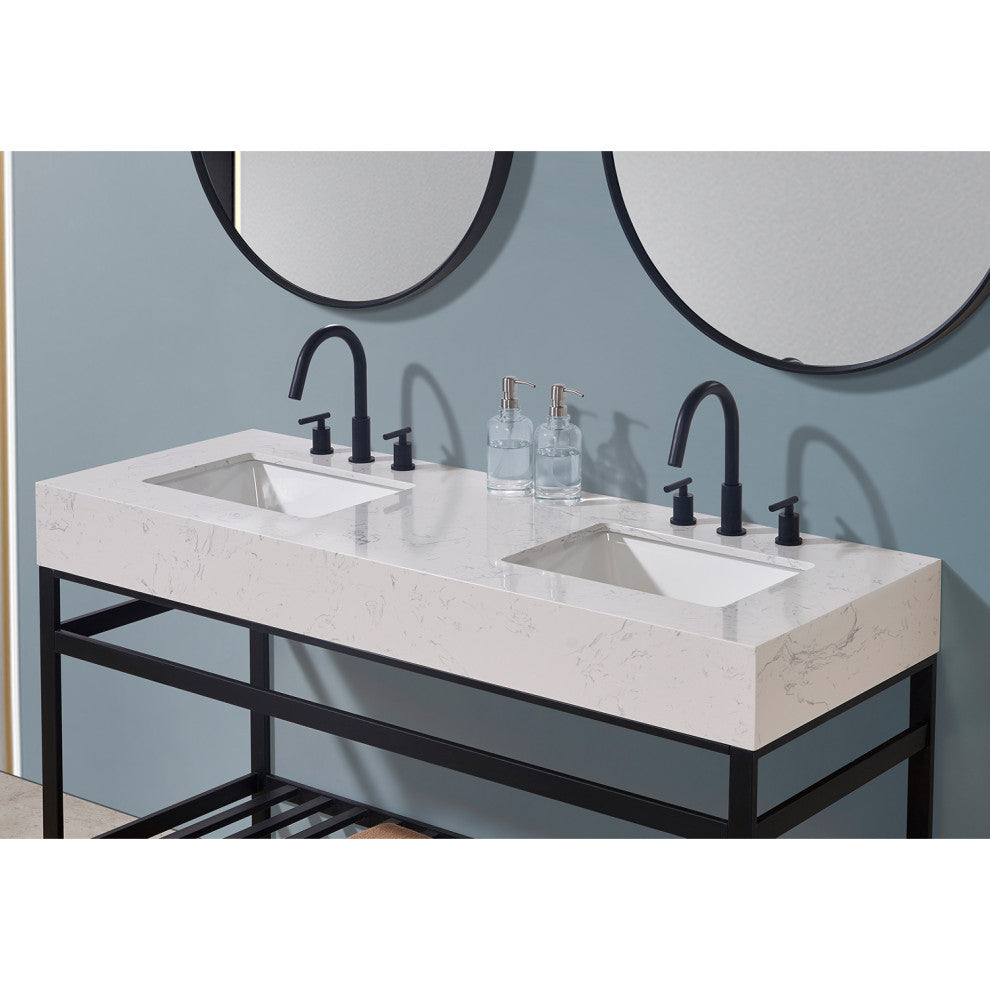 Merano Engineered Stone Vanity Top, Aosta White Apron With White Sink, 60"