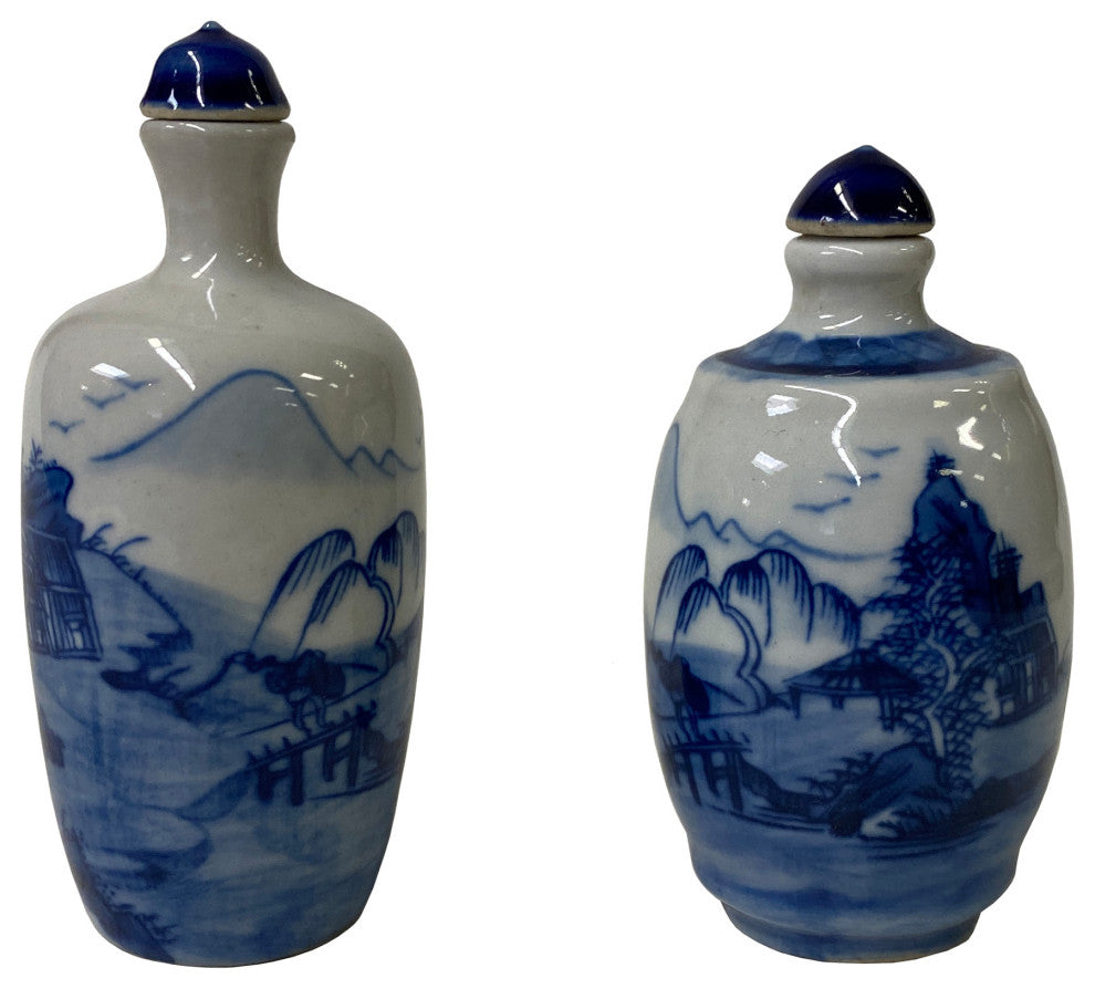 2 x Chinese Porcelain Snuff Bottle With Blue White Scenery Graphic Hws1326