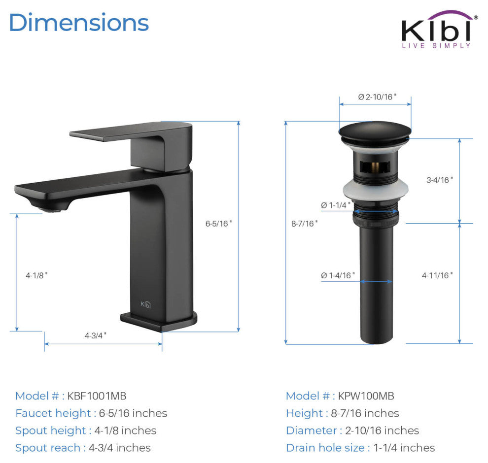 KIBI Mirage Single Handle Bathroom Faucet, Matte Black, With Drain