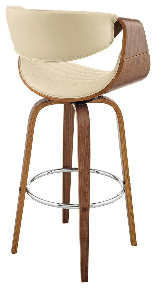 26" Cream Faux Leather and Walnut Wood Retro Chic Swivel Counter Stool