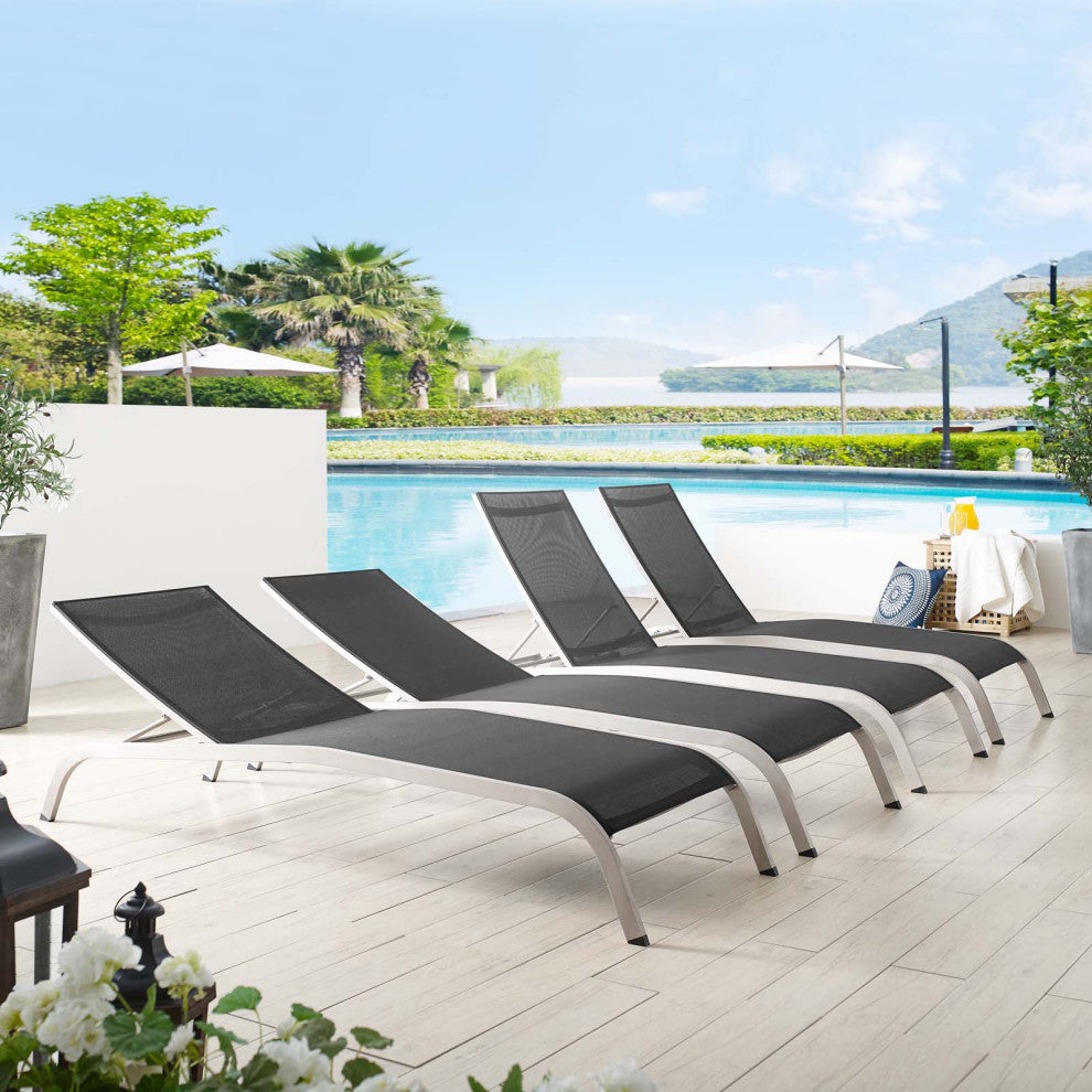 Lounge Chair Chaise, Set of 4, Aluminum, Metal, Black, Modern, Outdoor Patio