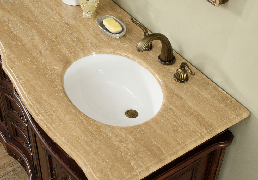 Cassandra 60" Dark Cherry Double Sink Bathroom Vanity, Travertine Marble Top