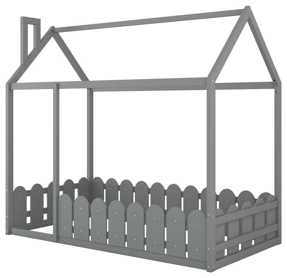 Gewnee Twin Size Wood House Bed with Fence in Gray