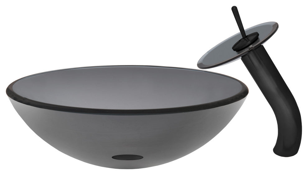 Nera Round Clear Slate Grey Glass Vessel Bath Sink Combo with Faucet and Drain, Matte Black