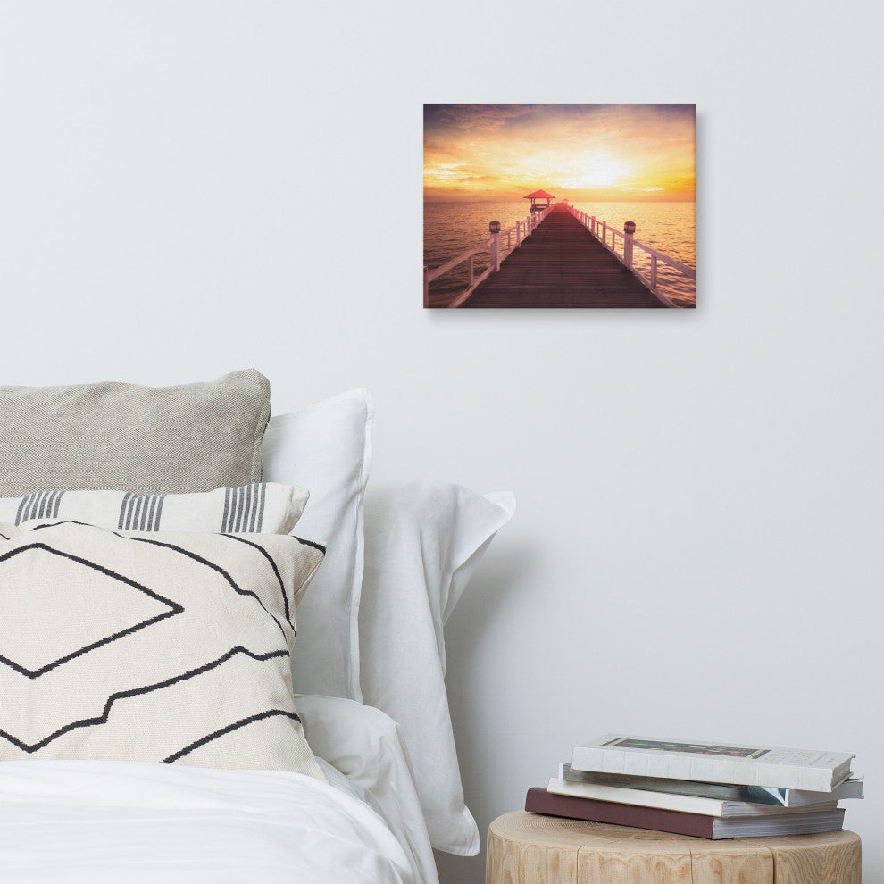 Surreal Wooden Pier at Sunset Landscape Photo Canvas Wall Art Prints, 12" X 16"