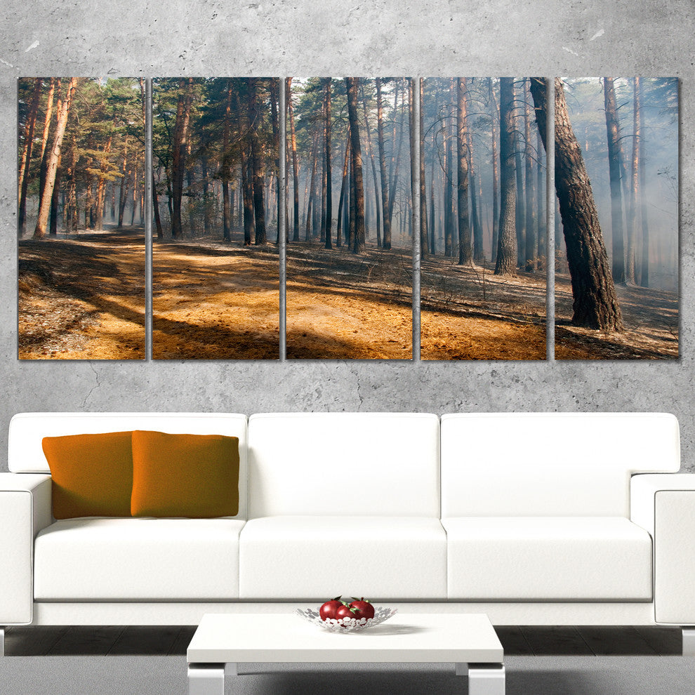 Fire in Forest with Flame and Smoke, Modern Forest Canvas Art, 60"x28", 5 Panels