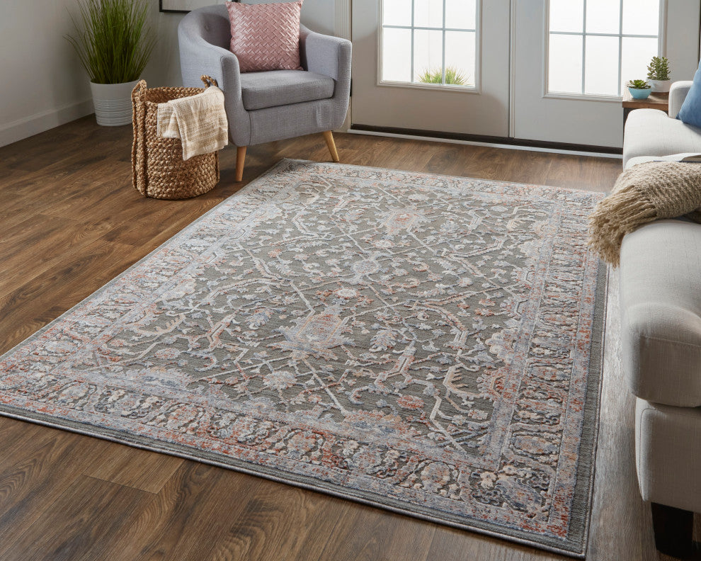 Weave & Wander Sybil Transitional Oriental Style Rug, Charcoal/Blue/Red, 7' - 10