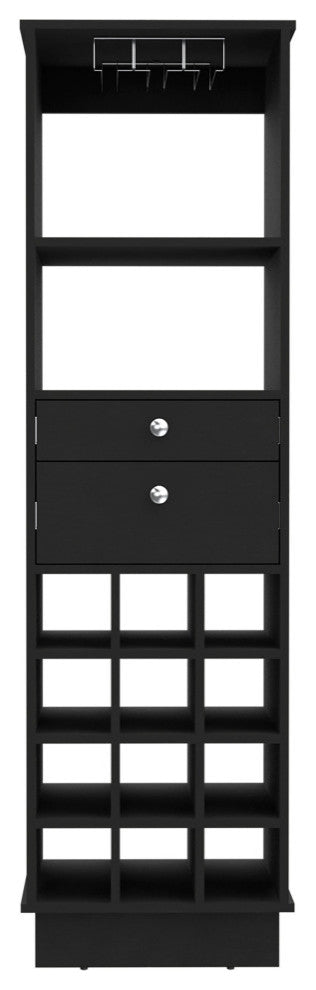 Hype Bar Cabinet with 12 Wine Cubbies, 2 Drawers, Glass Rack, and Shelf, Black