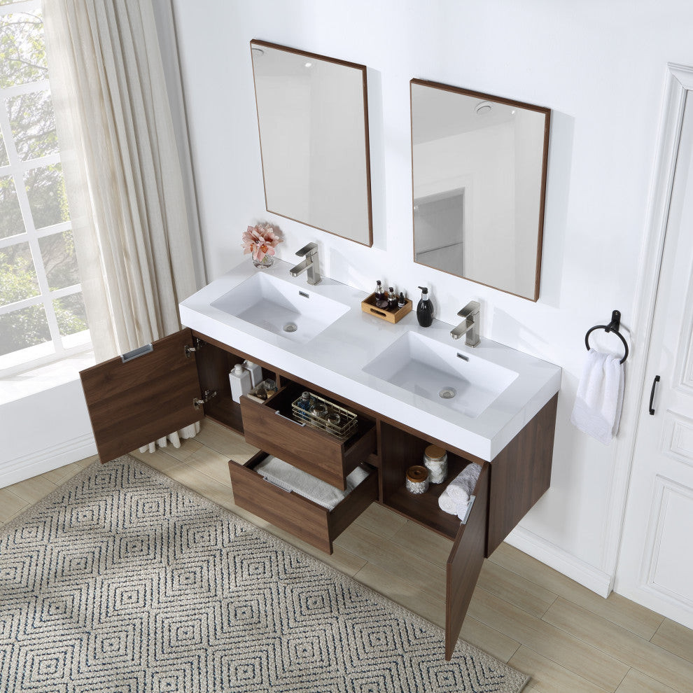 Stufurhome Valeria 59 in. Wall Mounted Bathroom Vanity without Mirror, Walnut, D