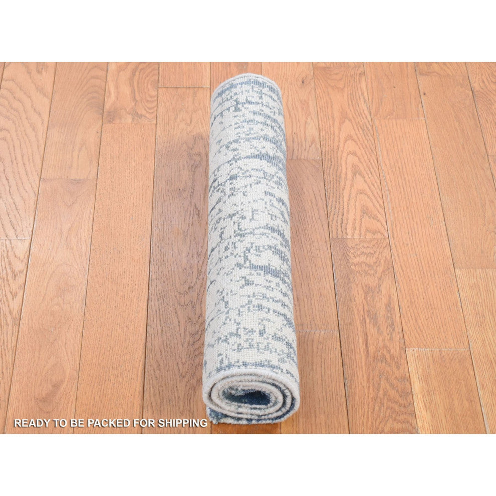 Ivory/Blue Cardiac Design Silk With Textured Wool Hand Knotted Mat Rug 2'1"x3'1"
