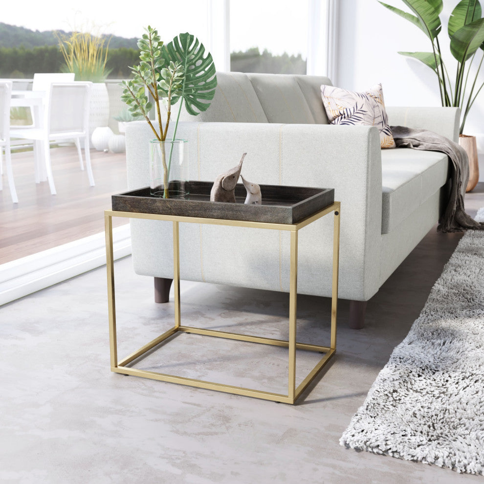 Sofa Side Table, Rectangular, Aluminum, Metal, Wood, Black, Brass, Hospitality