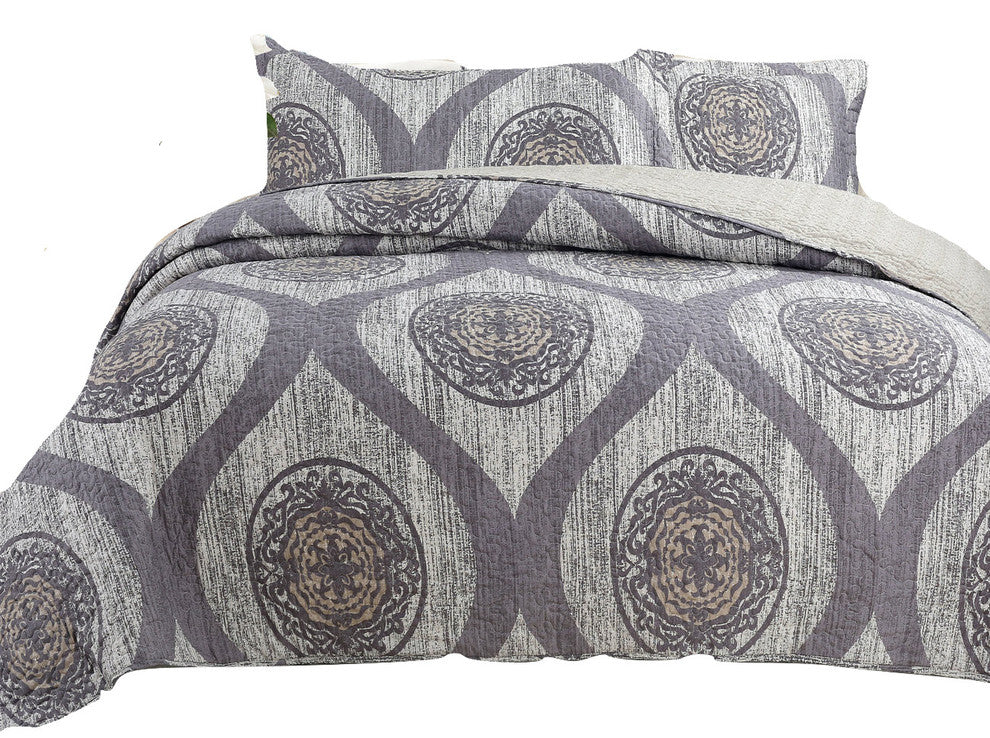 DaDa Bedding Classical Grey Floral Mosaic Medallion Quilt Coverlet Bedspread Set