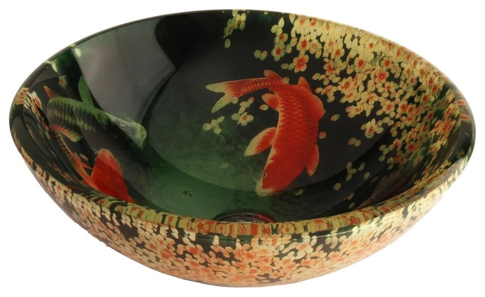 Koi and Lily Pond Glass Vessel Bathroom Sink