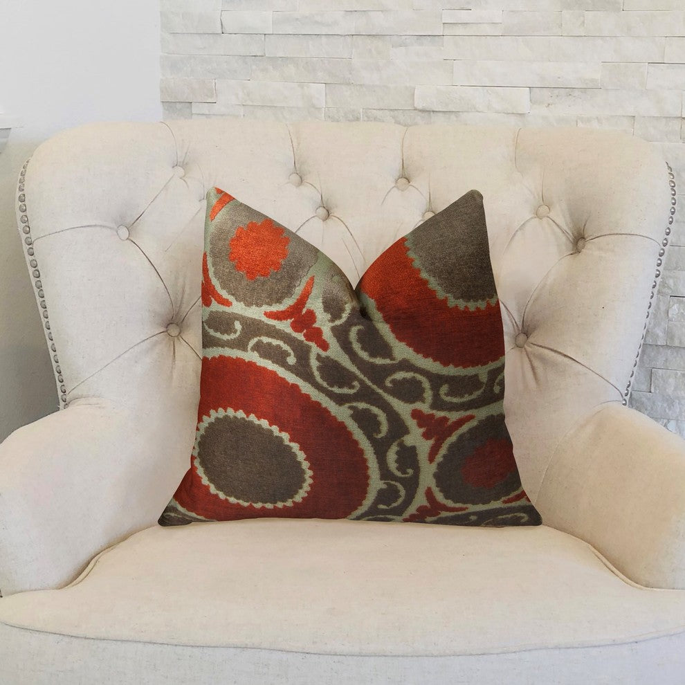 Madeline Red and Brown Handmade Luxury Pillow, 20"x20"