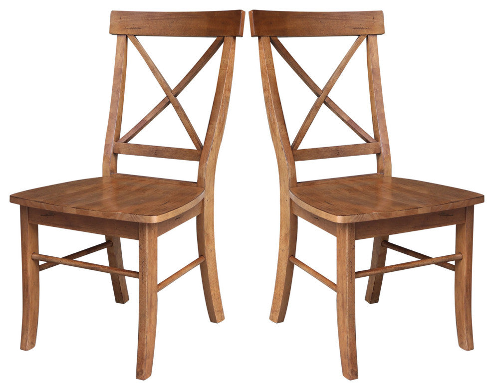 Set of Two X-Back Chairs, Distressed Oak
