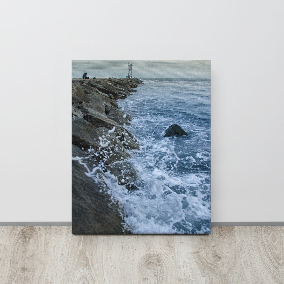 Splashing on the Jetty Coastal Landscape Photo Canvas Wall Art Print, 16" X 20"