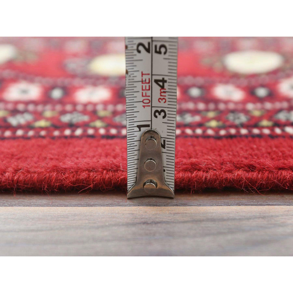 Deep and Rich Red, Natural Wool Hand Knotted, Mori Bokara Rug, 4'2"x6'6"