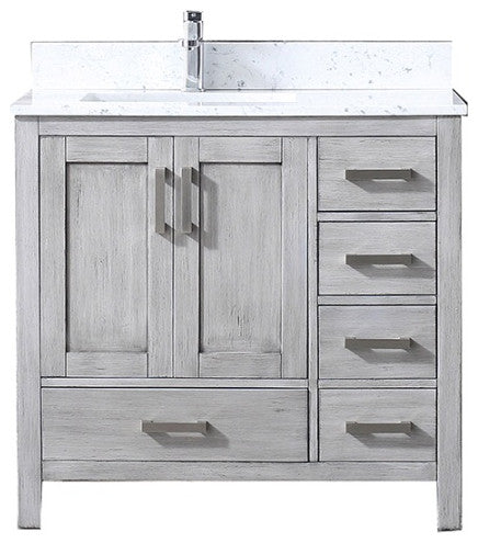 36" Distressed Gray Single Vanity, Marble Top, Sink and No Mirror, Left Version