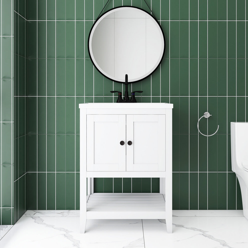 24" Wood Freestanding Bathroom Vanity with Integrated Ceramic Sink, White, 24" X