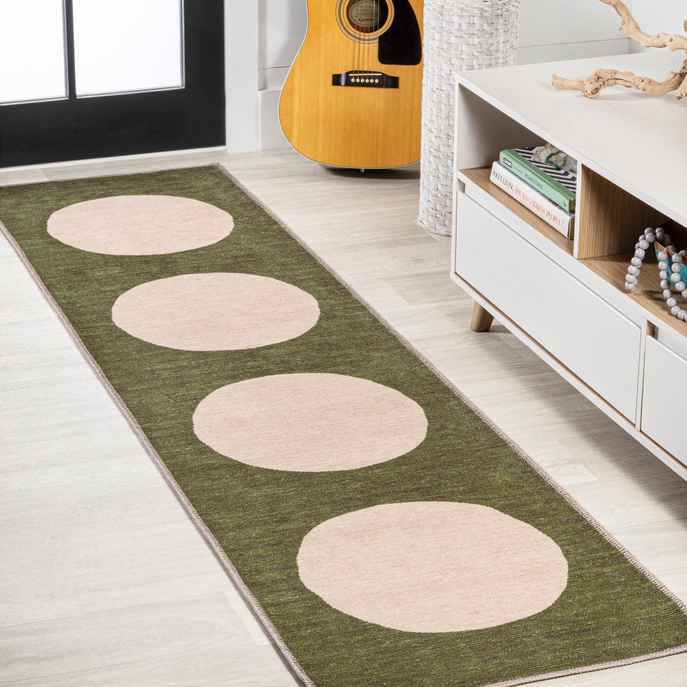 Cirkel Minimalist Geometric Dot Machine-Washable Area Rug, Olive/Cream, 2x8