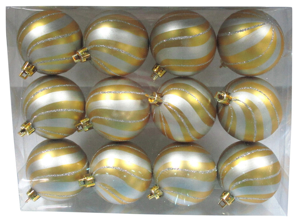 Gold Ball Ornament With Silver Spiral Design, 12-Pack