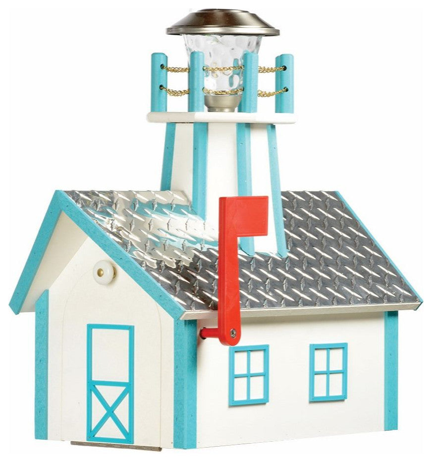 Deluxe Mailbox with Lighthouse, White & Aruba Blue, Aluminum Diamond Plate Roof