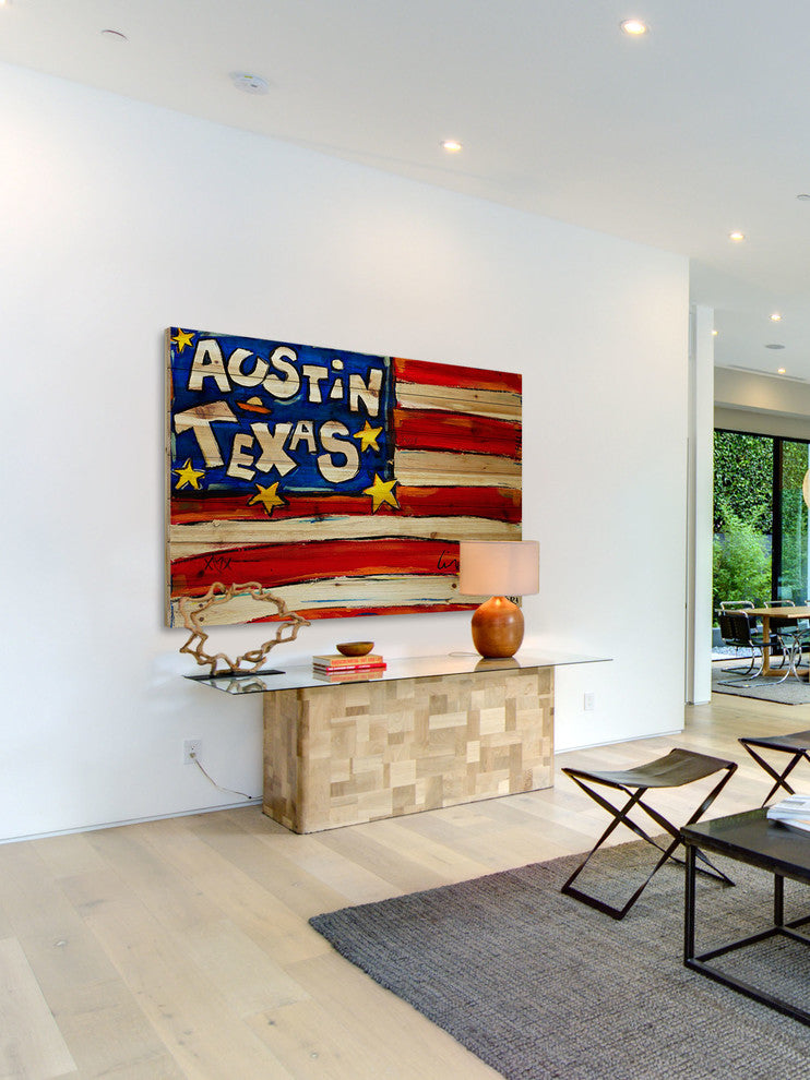 "Austin Flag" Print on Natural Pine Wood by Tori Campisi Painting