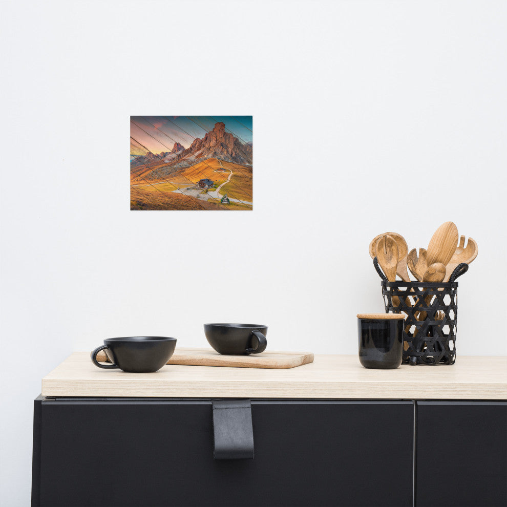 Faux Wood Majestic Sunset & Alpine Mountain Landscape Photo Wall Art Print, 8" X 10"