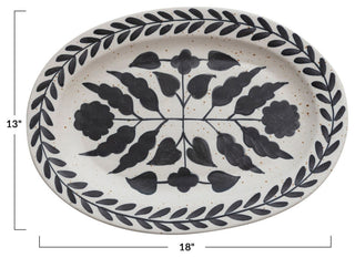 Hand Painted Stoneware Platter with Floral Design, Black and White