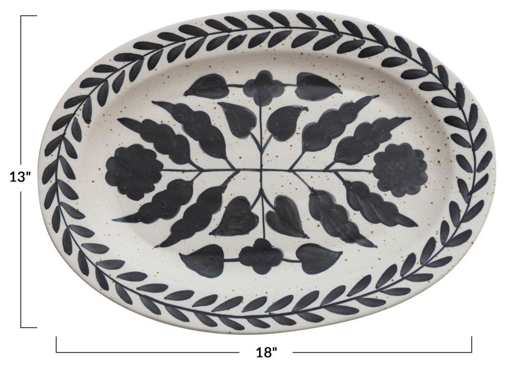 Hand Painted Stoneware Platter with Floral Design, Black and White
