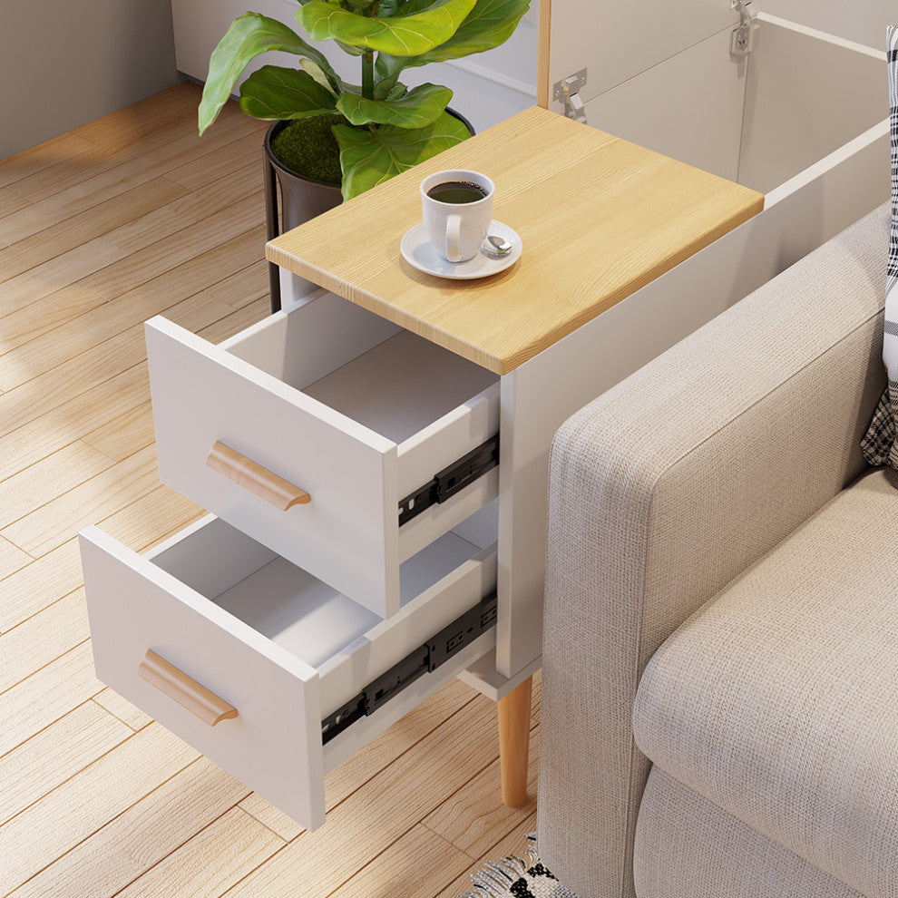 Rectangle End Table with Drawers Modern Sofa Side Table for Living Room, Natural