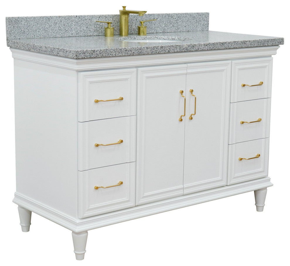 49" Single Sink Vanity, White Finish With Gray Granite and Oval Sink