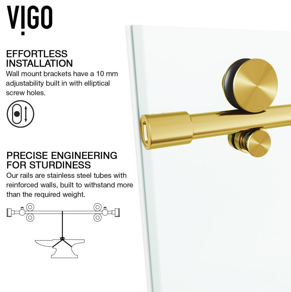 VIGO Elan E-Class 52" to 56" W x 76" H Frameless Sliding Shower Door, Matte Gold, Clear Glass