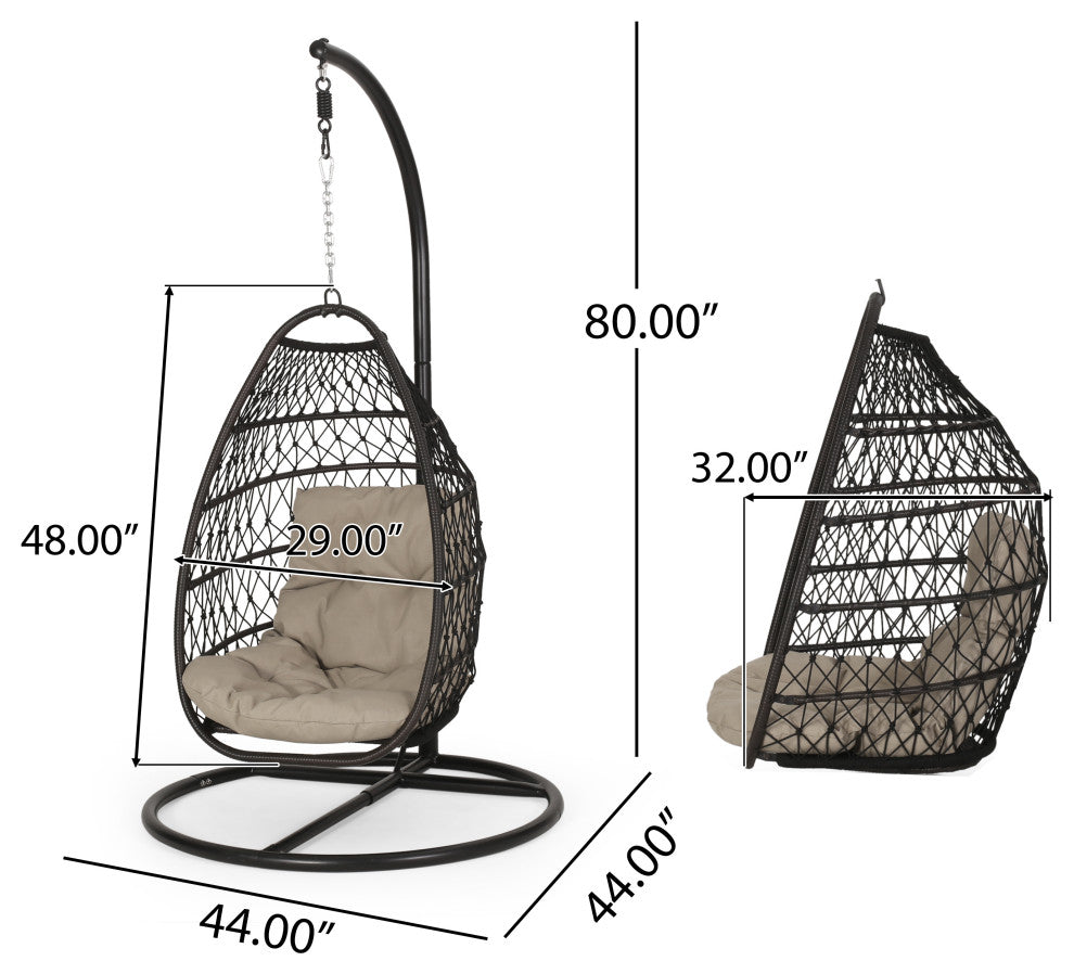 Coloma Outdoor Wicker and Rope Foldable Hanging Chair With Stand, Multibrown/Tan