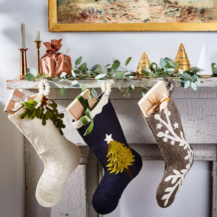 Hand Felted Wool Christmas Stocking, Tree on Navy Blue