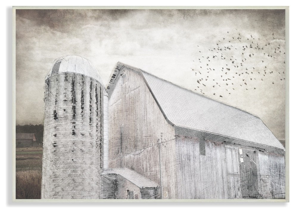Farm Grainhouse Black & White Distressed Textures Wall Plaque Art, 13"x19"