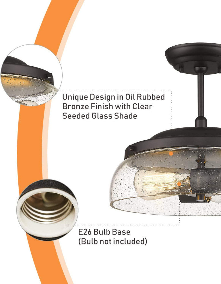2 Light Semi Flush Mount Ceiling Light, Farmhouse, Black Ceiling Lamp