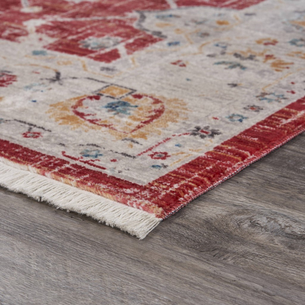 10" x 13" Red Distressed Border Area Rug