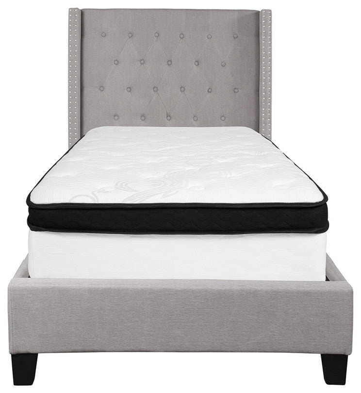 Twin Size Tufted Platform Bed in Light Gray Fabric with Memory Foam Mattress