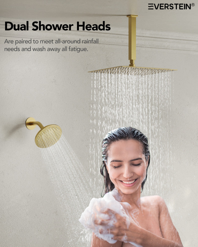 Themostatic Shower System 12" High-Pressure Dual Heads, Brushed Gold