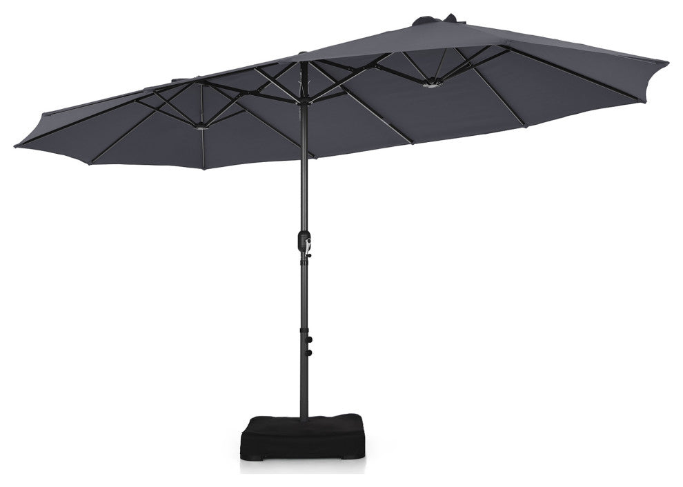15FT Double-Sided Twin Patio Umbrella Sun Shade Outdoor Crank Market Base Grey