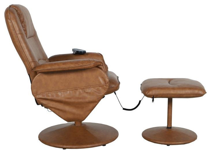 Cason Massaging Multi-Position Recliner with Deep Side Pockets and Ottoman, Brown Leathersoft