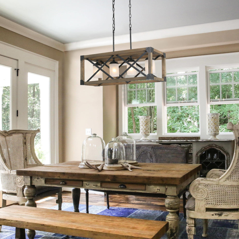 LNC 4-Light Farmhouse Distressed Wood Linear Kitchen Island Light, Frosted Glass Shade