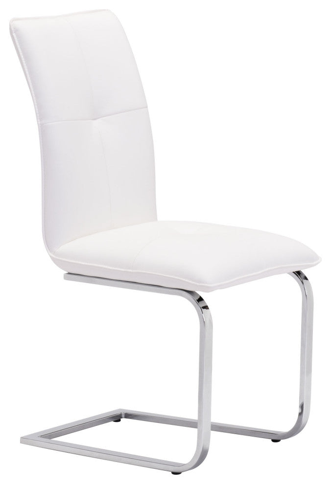 Set of Two White Faux Leather and Chrome Contempo Comfy Dining Chairs