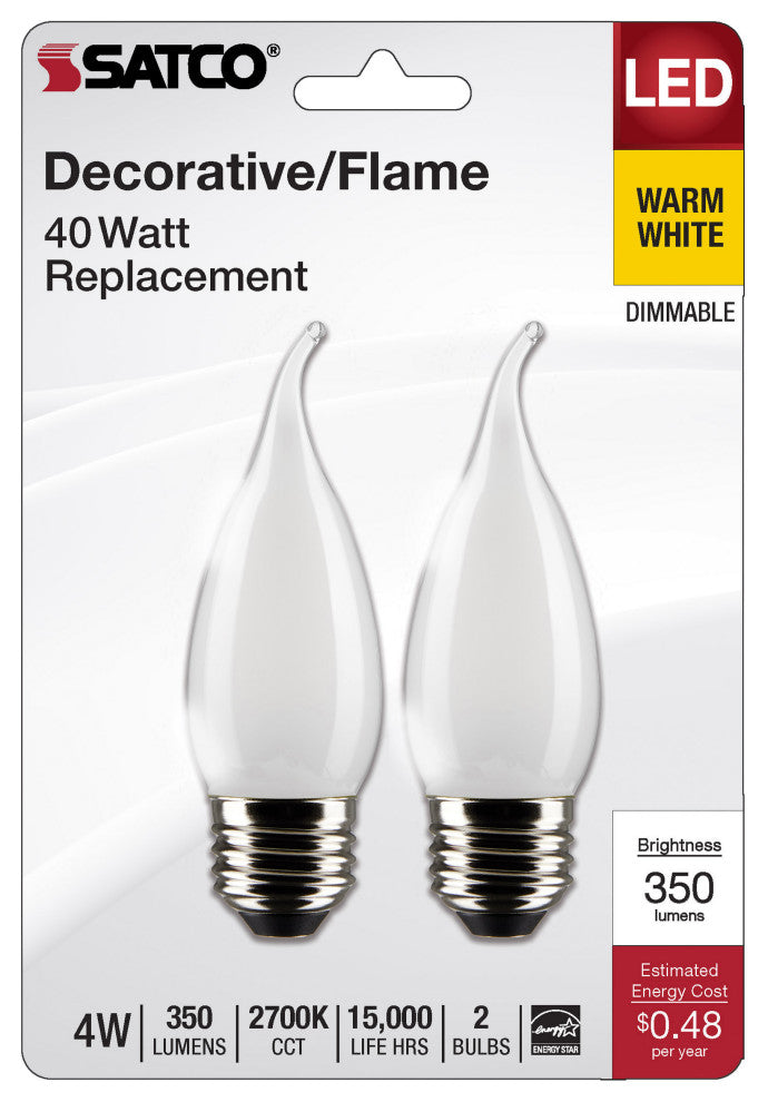 4W CA10 LED, Frosted, Medium Base, 2700K, 350 Lumens, 120V, 2- Pack