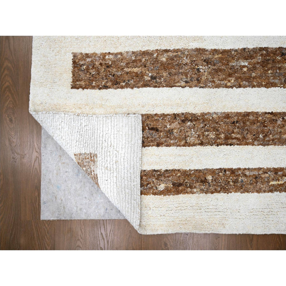 Brown Wool Minimalist Stripe Design Hand Knotted Oversized Rug 12'2"x14'10"
