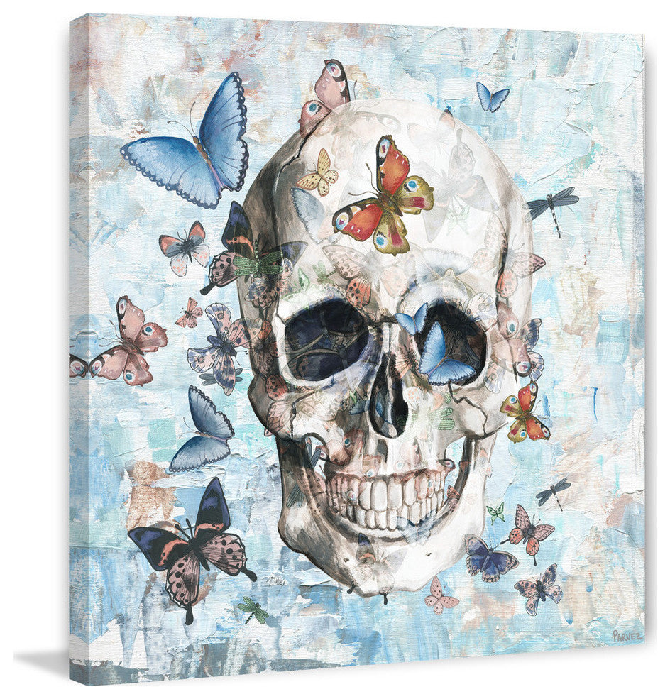 "Clouded Happy Butterfly Skull" Painting Print on Wrapped Canvas, 12"x12"